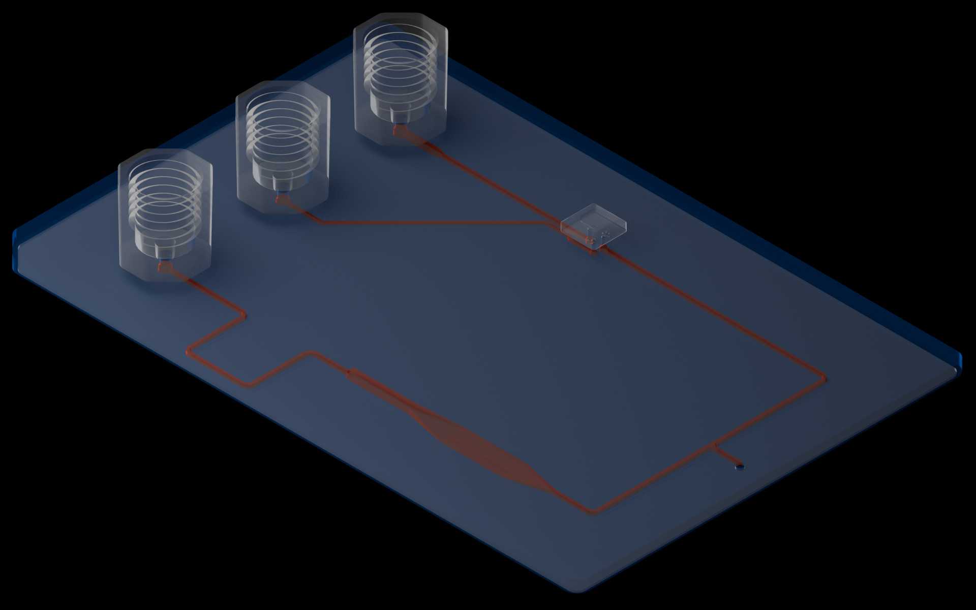 Isometric view of reference device with molded microfeatures in the fluidic layer highlighted.