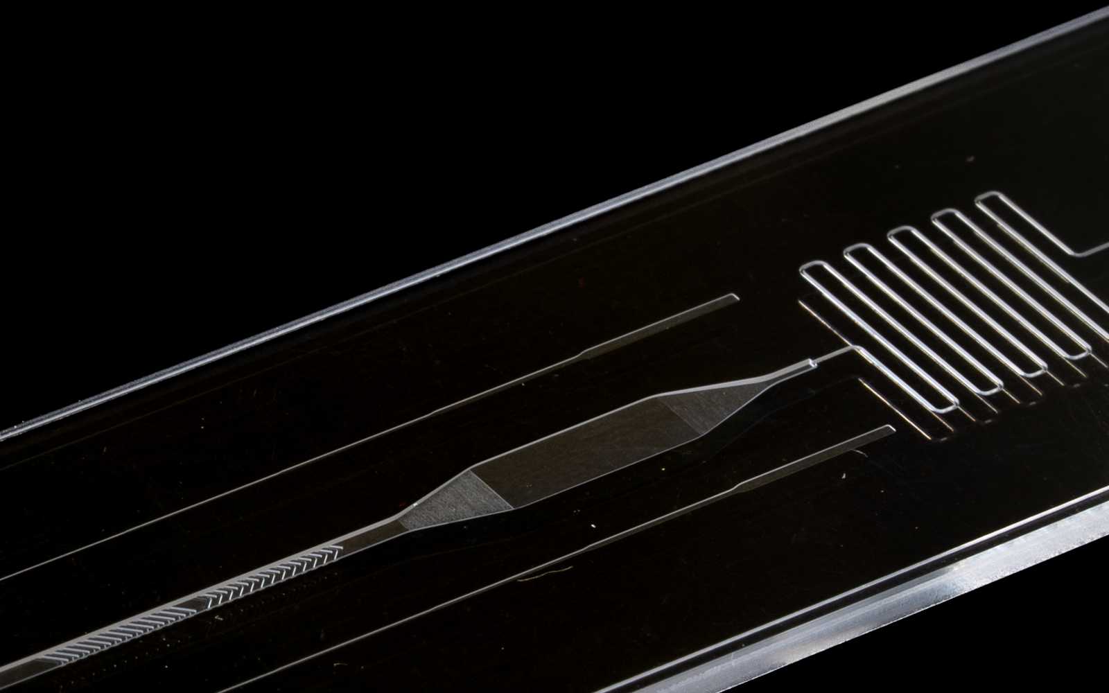 Close-up of microfeatures on a microfluidic device.