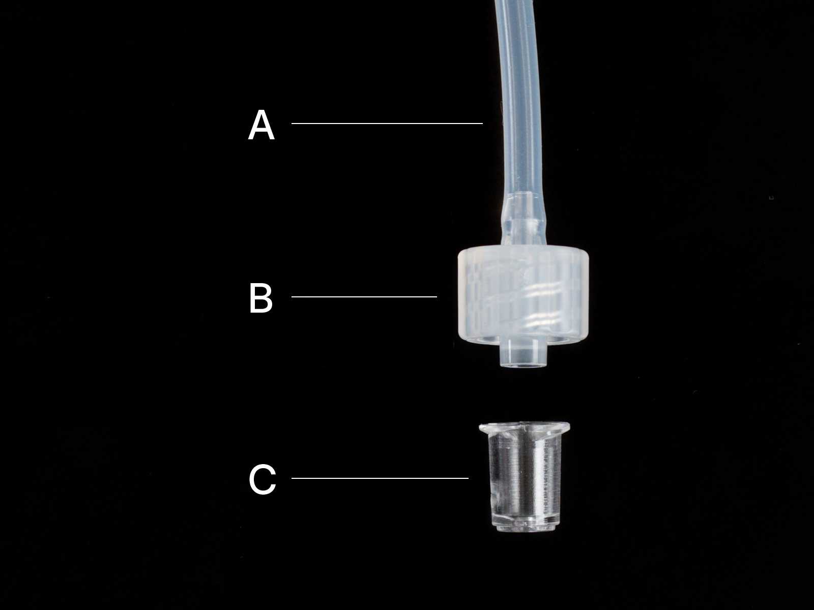Luer lock tube interface, disassembled. From top to bottom: tubing - labelled A, the plug - labelled B, and the socket - labelled C.