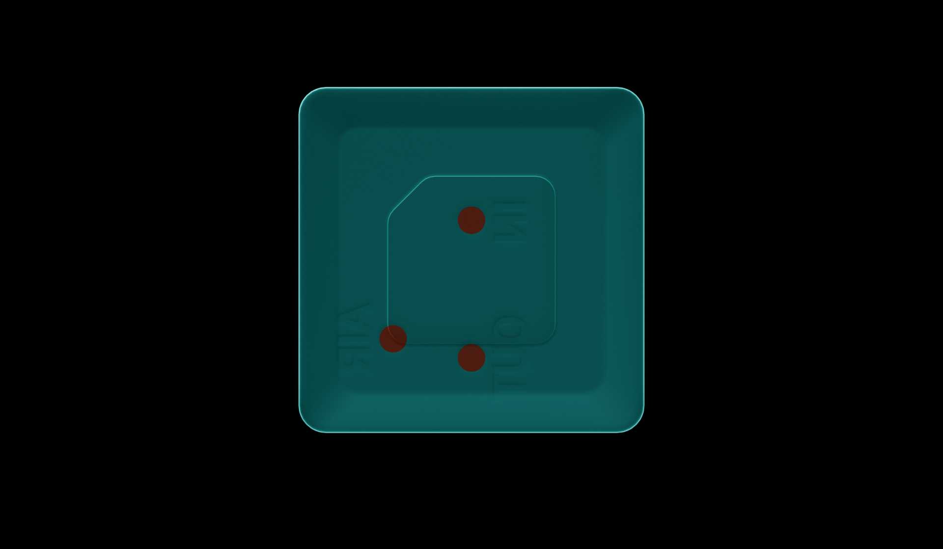 Top view of the MV-1 microvalve with all three ports highlighted. The liquid inlet is 2.20 mm left of the right edge of the MV-1 and 1.70 mm below the top edge of the MV-1. The liquid outlet is 1.75 mm below the liquid inlet and vertically aligned. The air inlet is 0.25 mm above the liquid outlet and 1.00 mm to its left.