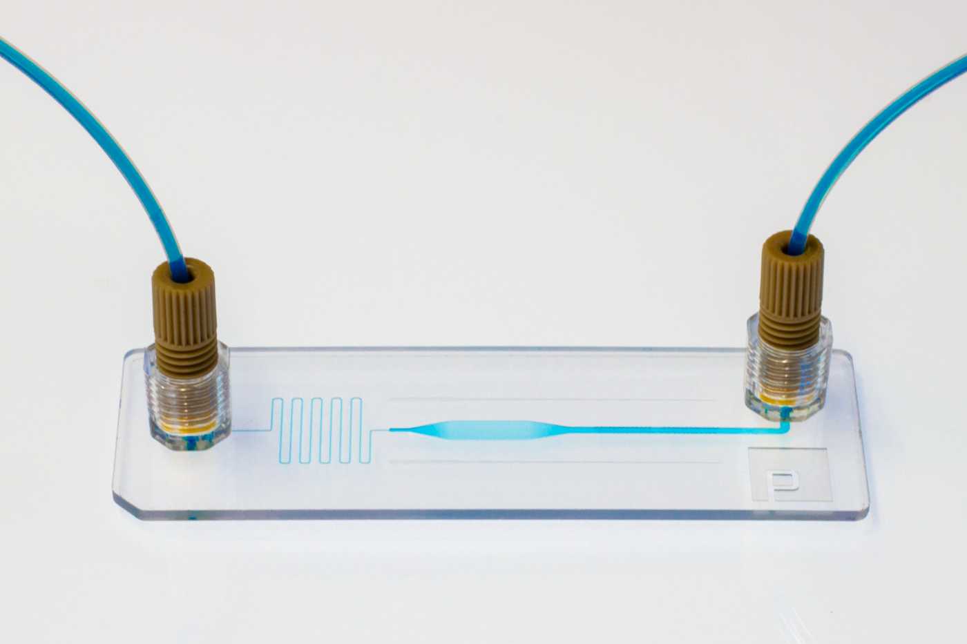 A fully transparent slide format microfluidic device on a white surface. Blue fluid can be seen flowing through the device.