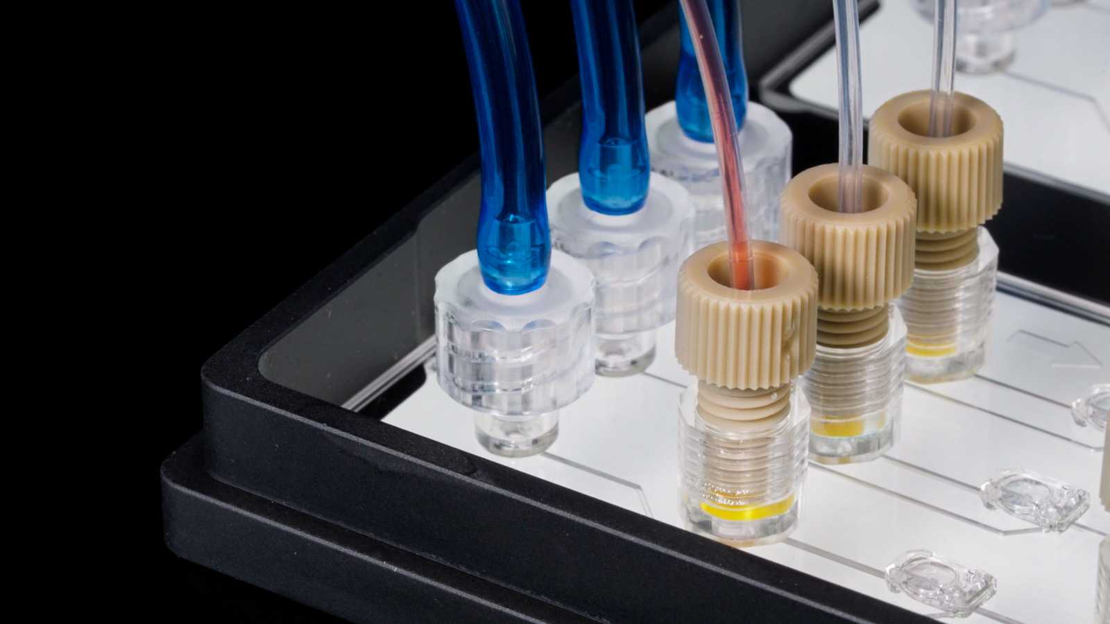 A double-slide format microfluidic device with three 1/4-28 ports and three Luer-lock ports.
